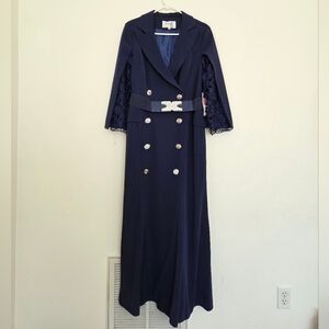 Lisa Rene Black Label Belted Navy Lace-Sleeve Long Dress With Cape Size 16W